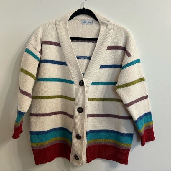 Coeur De Vague Sweaters - Coeur de Vague Retro Rainbow Striped Button Front Women's Cardigan Sweater 2XL